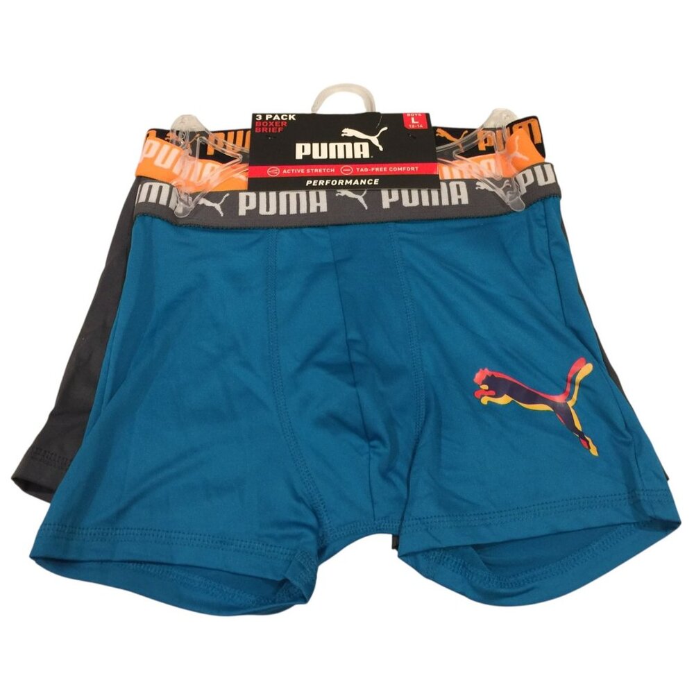 PUMA Performance Boys Boxer Briefs Large 12-14 Set of 3 Teal Gray Orange
